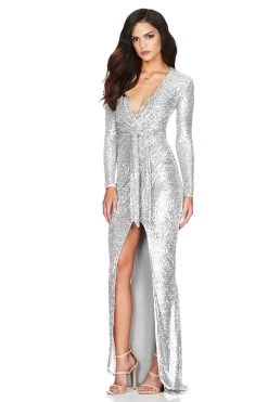 NOOKIE Selena Long Sleeve Gown (Silver) RRP $489 -Fashion Evening Dress Store SELENA LONGSLEEEVE GOWN SILVER S2 1